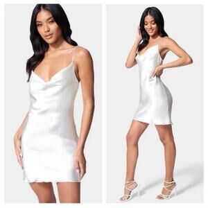 Bebe light blue White Satin Draped Mini Dress Large